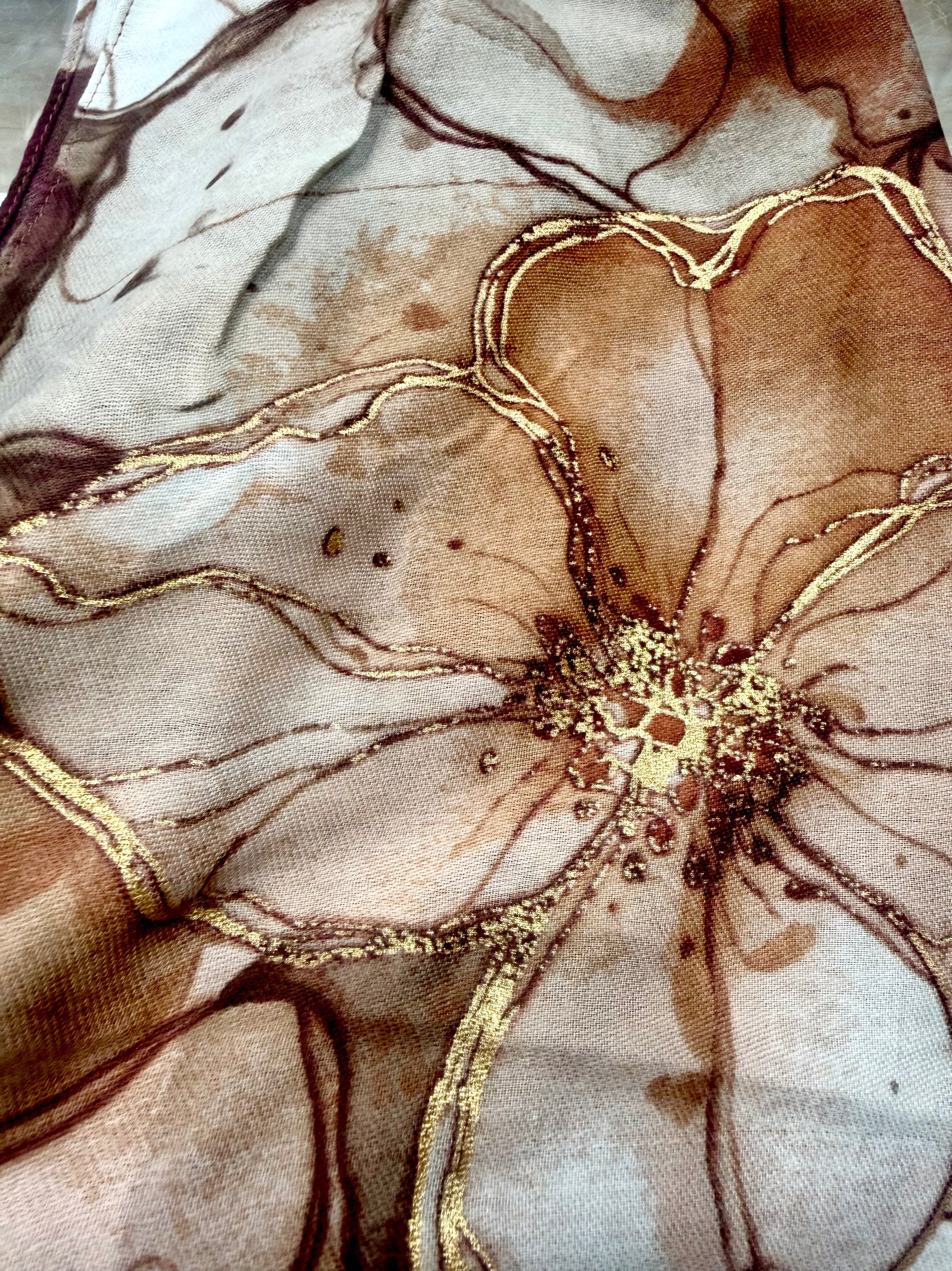 Park Lane - Lightweight Floral Scarf with Gold Foil - Toffee