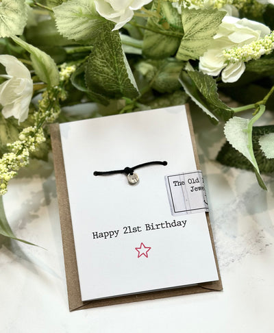 Happy 21st Birthday - 21 Stamped Disc Black Cord Wish Bracelet