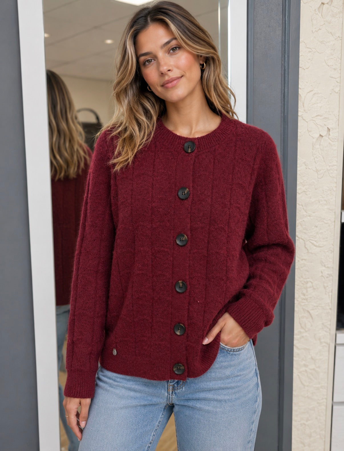 Brakeburn - Karla - Chunky Fan Stitch Knitted Cardigan - Burgundy