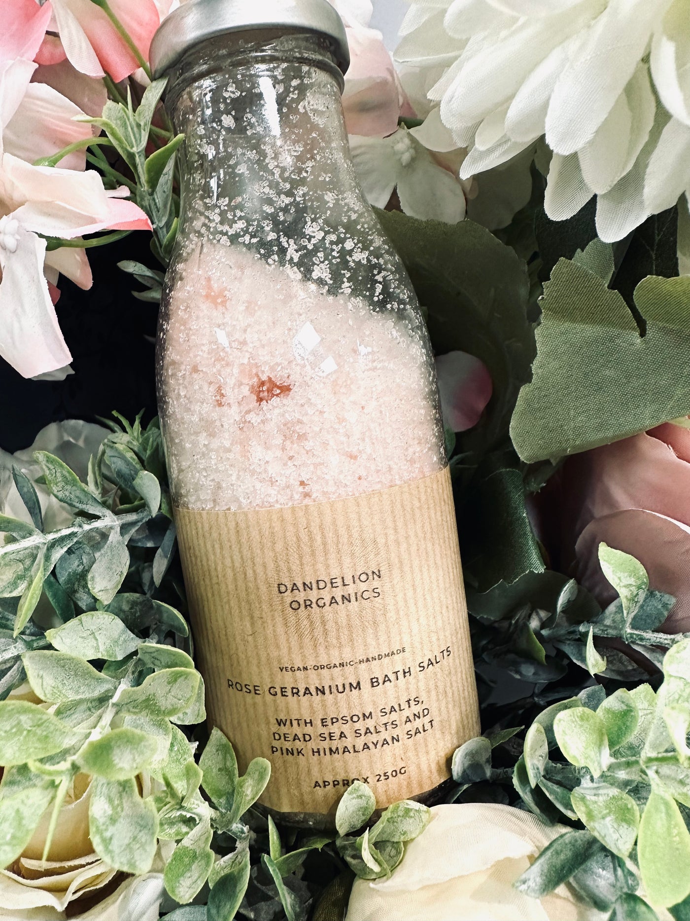 Dandelion Organics - Rose Geranium - Epsom Bath Salts - Glass Bottle - 250g