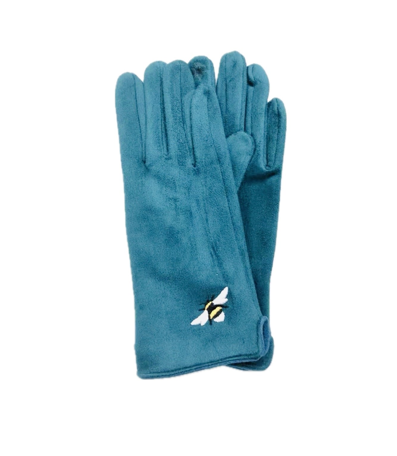 Butterfly Teal Suede Gloves with Embroidered Bee