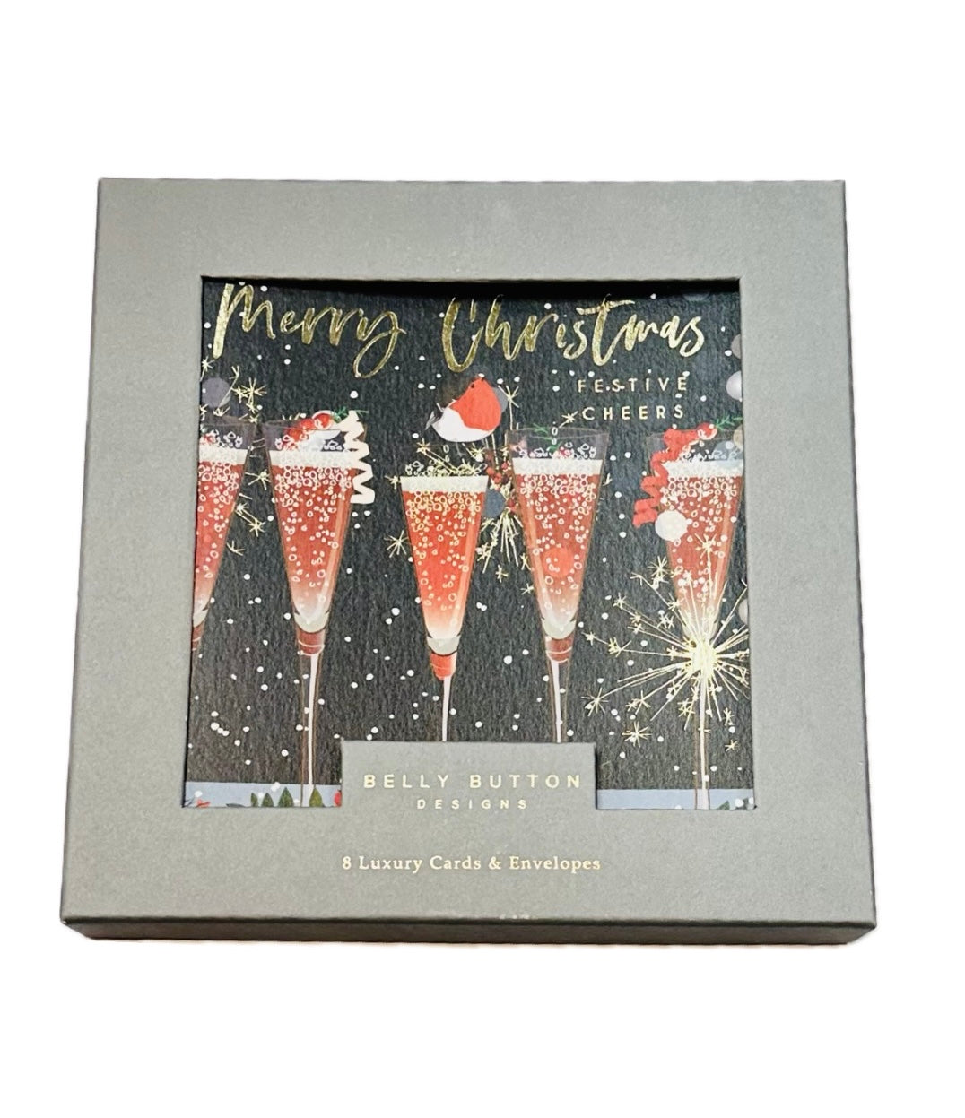 Belly Button Five Champagne Glasses Luxury Box Christmas Cards - 8 Pack