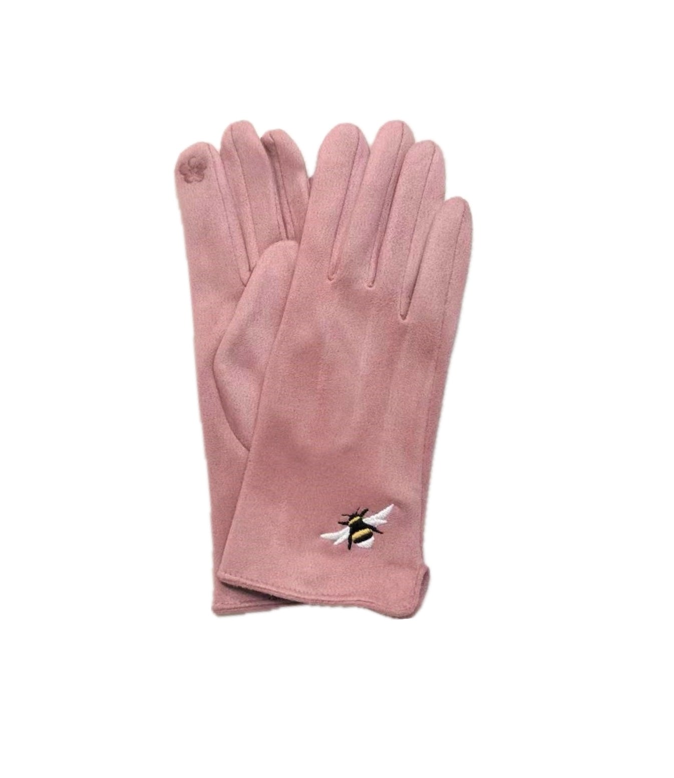 Butterfly Pink Suede Gloves with Embroidered Bee