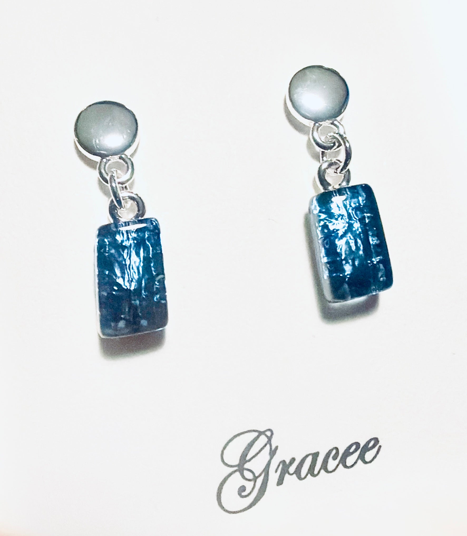 Gracee Jewellery - Blue Glass Rectangles &amp; Silver Dot - Statement Dangly Earrings - Silver