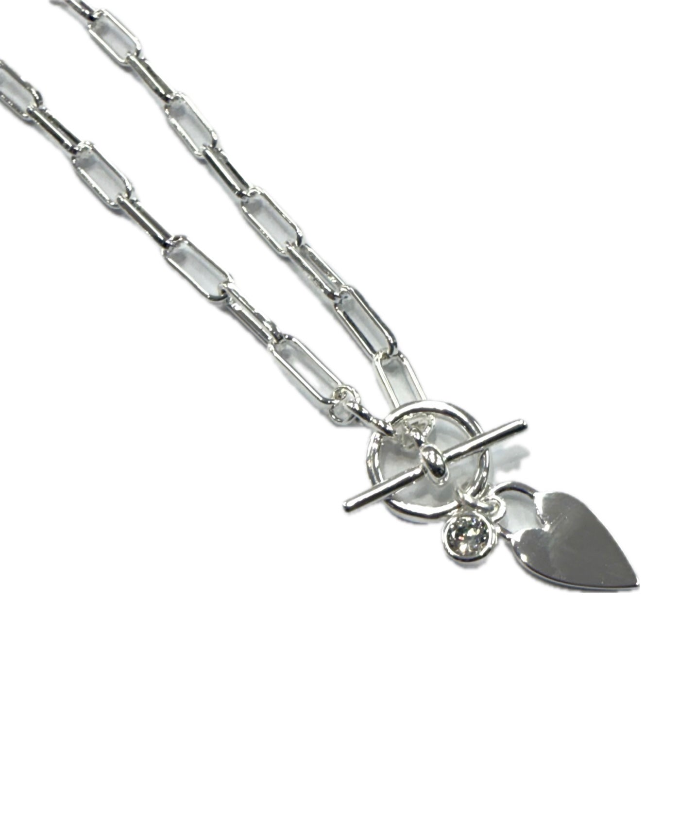 Arlo Heart &amp; Crystal - Paper-Link Chain T-Bar Necklace - Silver - Clementine Jewellery