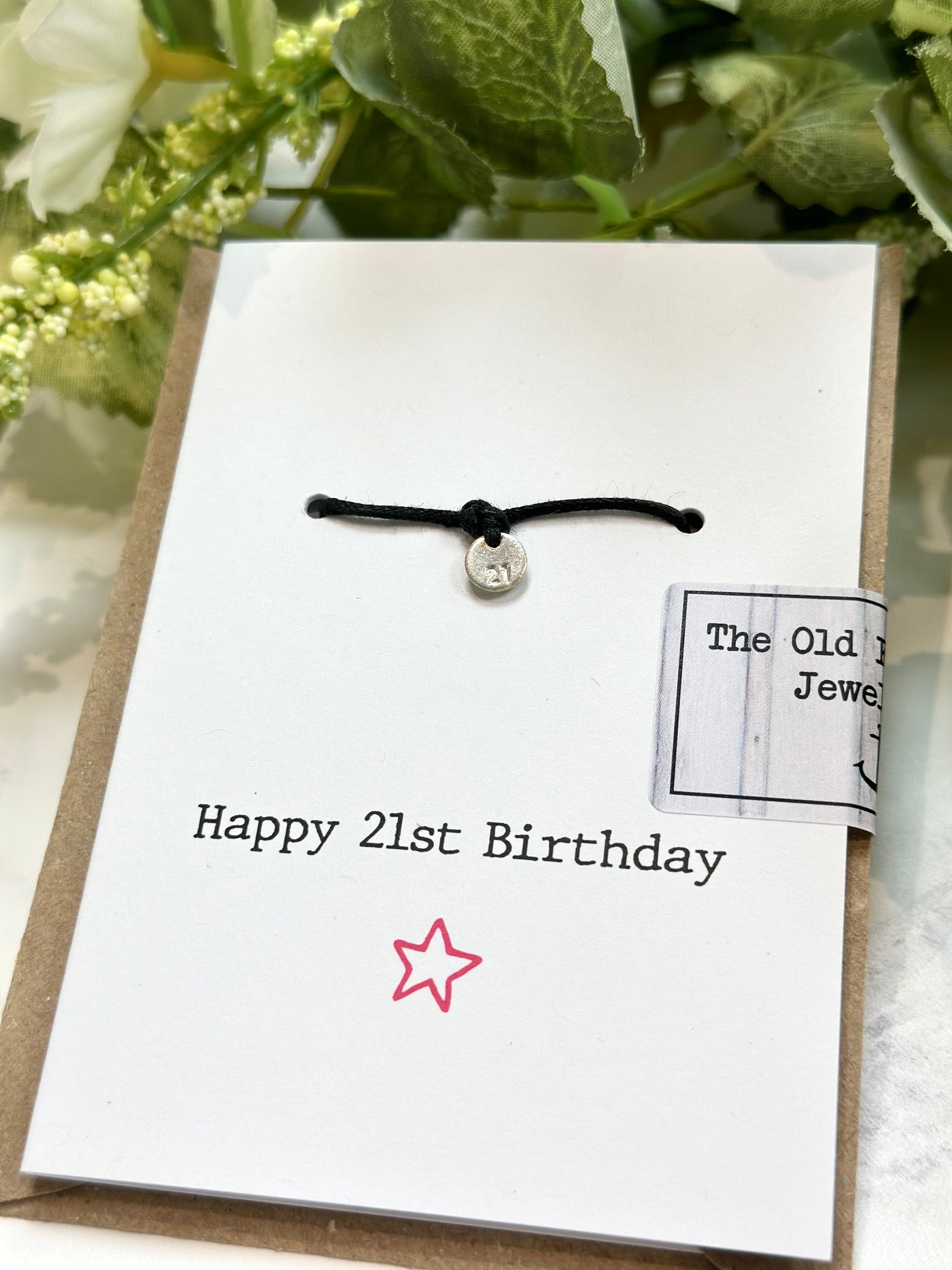 Happy 21st Birthday - 21 Stamped Disc Black Cord Wish Bracelet