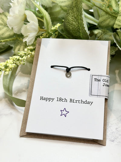 Happy 18th Birthday - 18 Stamped Disc Black Cord Wish Bracelet