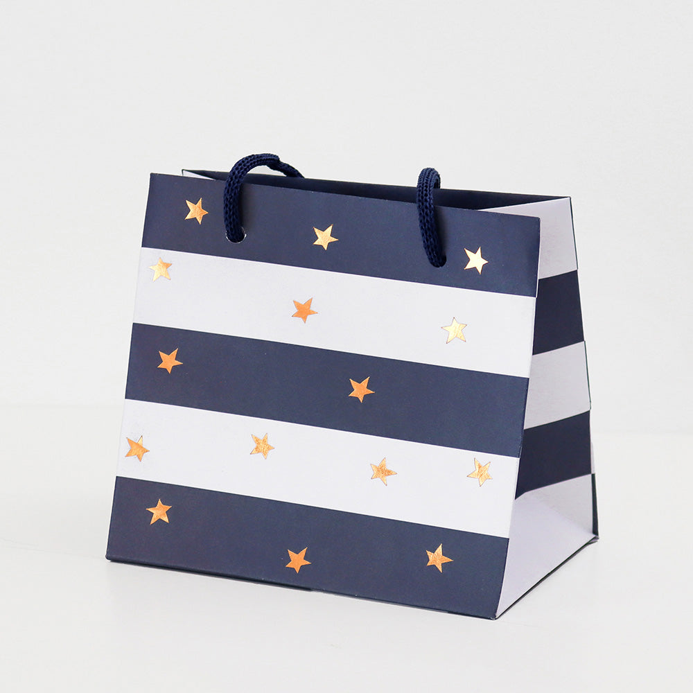 Belly Button Blue Stripe & Gold Foil Stars Wide Mug Gift Bag - Small
