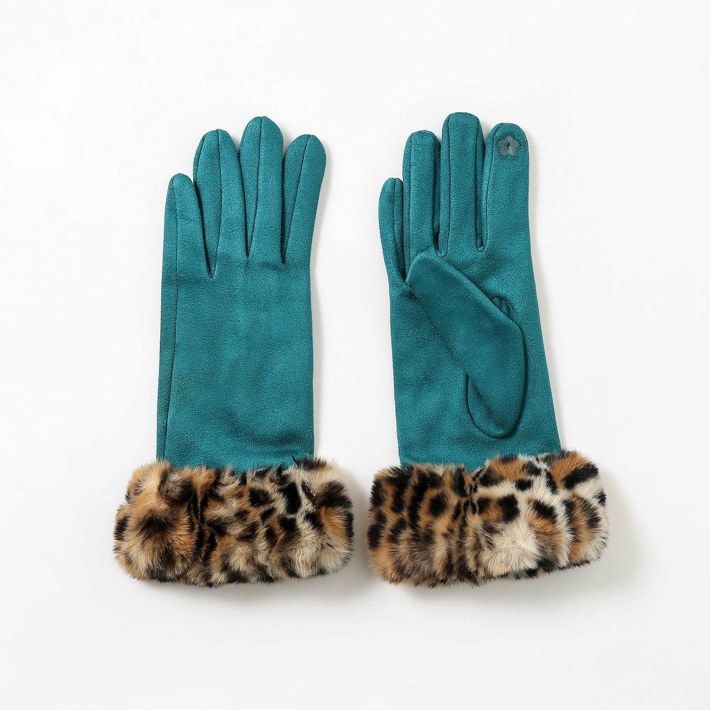Butterfly Teal Faux Suede Gloves with Leopard Fur Cuff