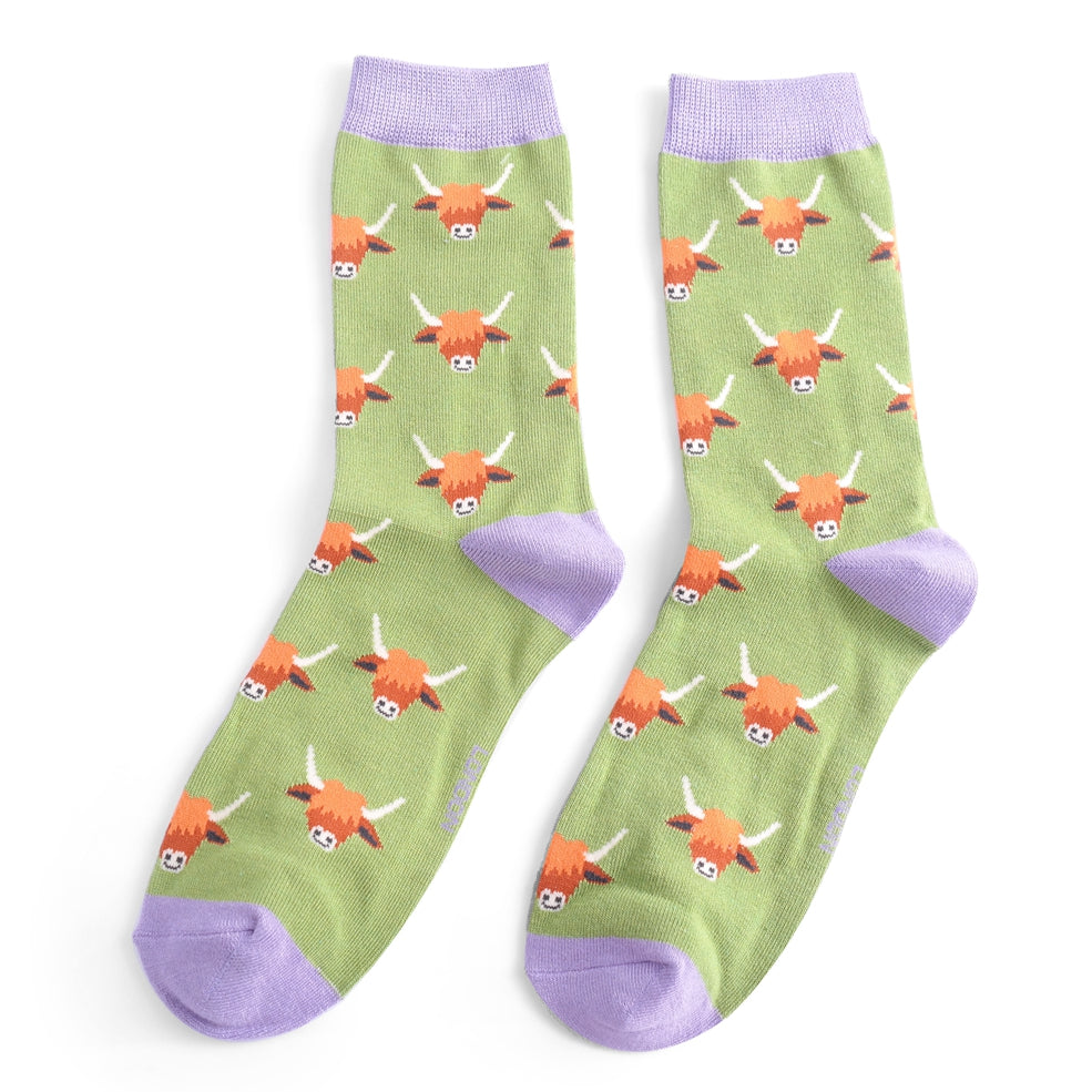 Miss Sparrow Ladies Bamboo Ankle Socks - Highland Cows - Green