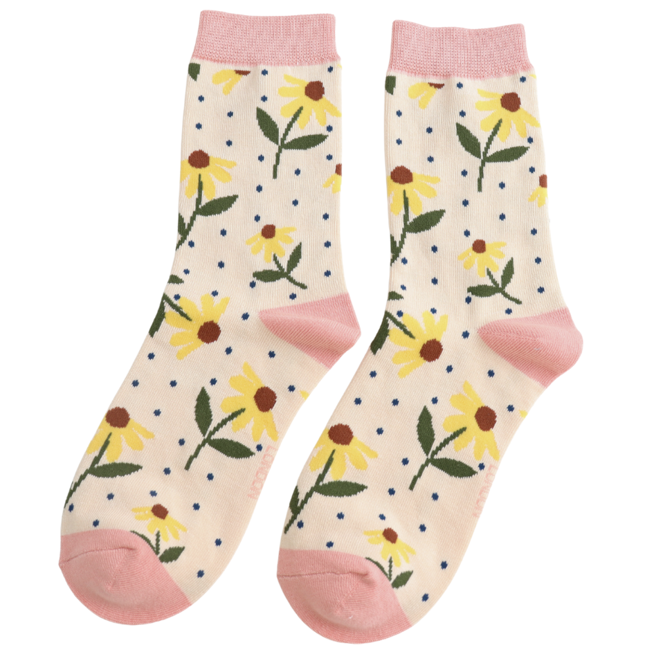Miss Sparrow Ladies Bamboo Ankle Socks - Sunflowers - Cream