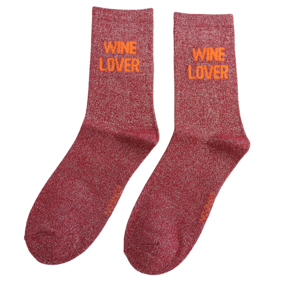 Miss Sparrow Ladies Bamboo Glitter Statement Ankle Socks - Wine Lover