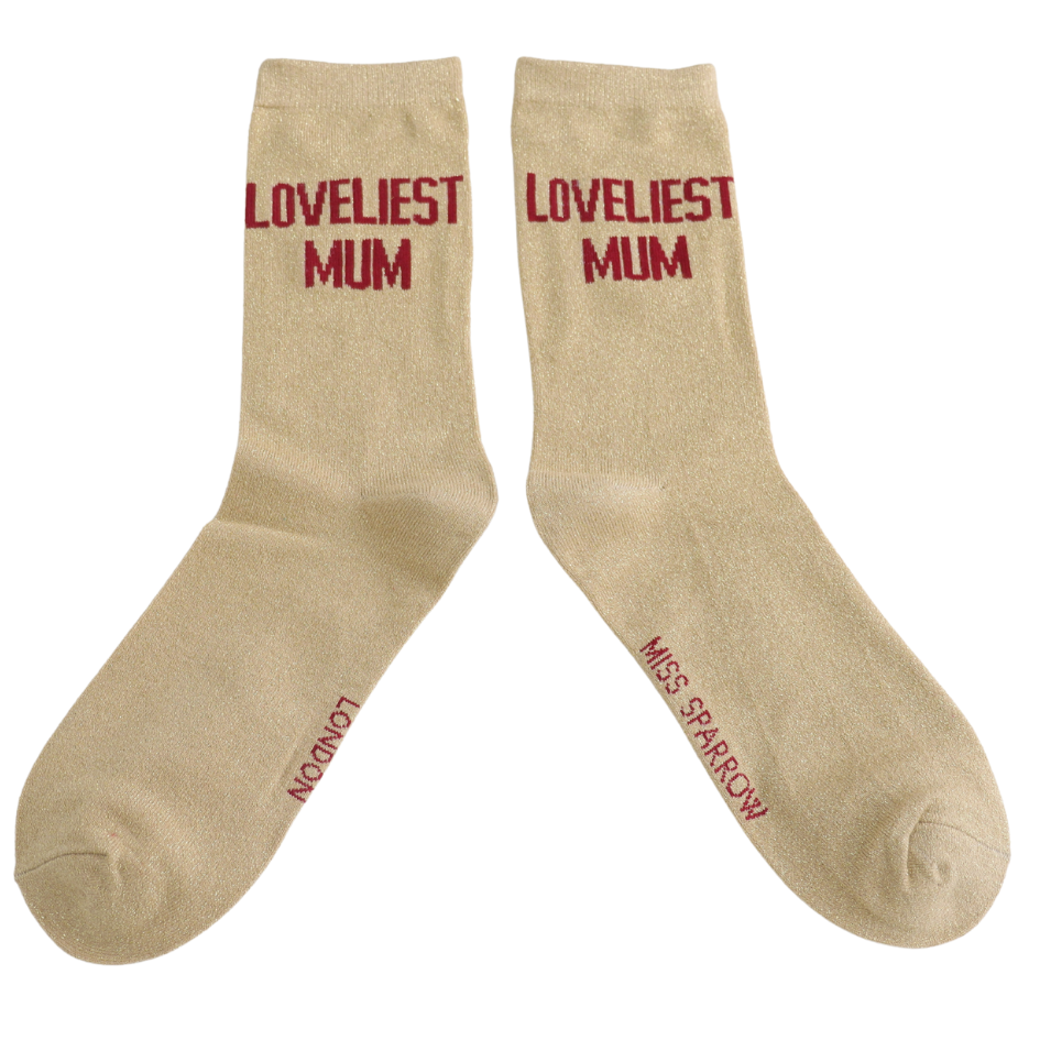 Miss Sparrow Ladies Bamboo Glitter Ankle Socks - Loveliest Mum - Gold