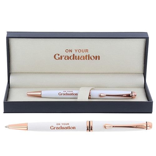 On Your Graduation Ballpoint Pen - Gift Boxed - White/Rose Gold