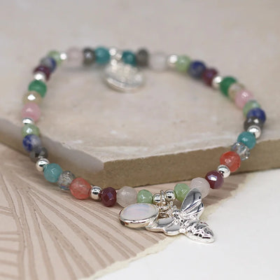 POM Multi coloured Faceted Beaded Stretch Bracelet with Bee Charm - Mix