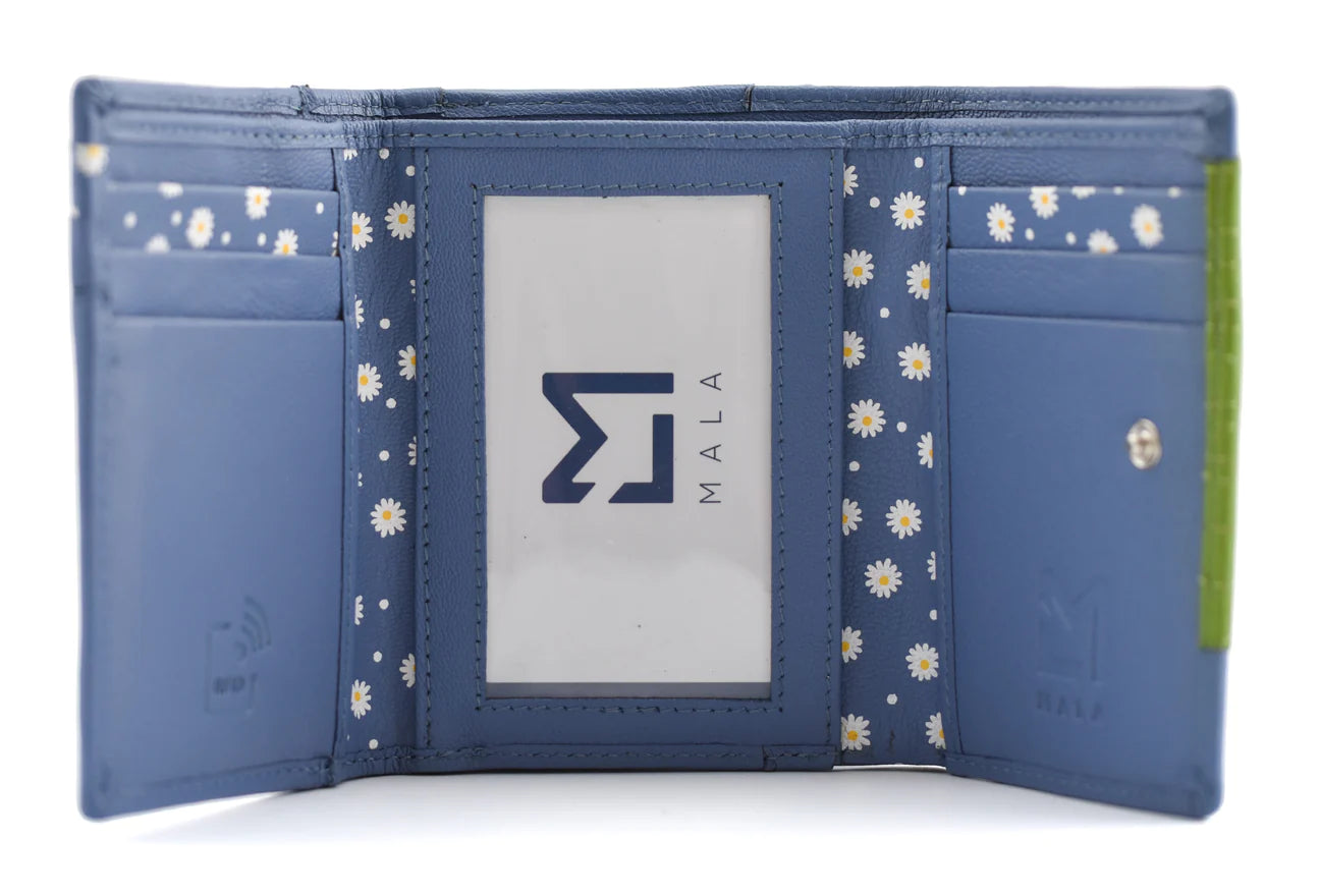 Mala Leather Peony & Ladybird Tri-Fold Small Purse - Blue