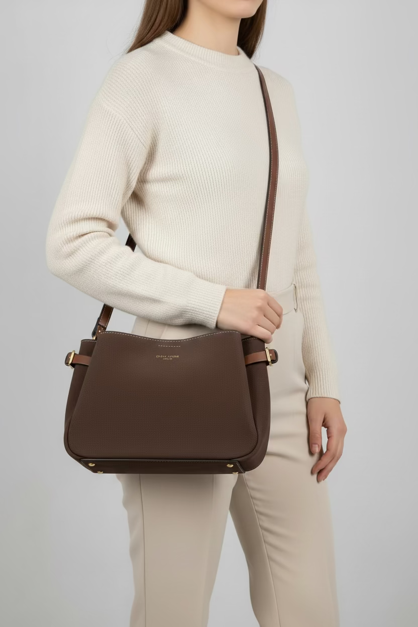 David Jones - (CM8588) Gathered Sides Small Crossbody Bag with Buckle Detail - Sandalwood Brown/Tan