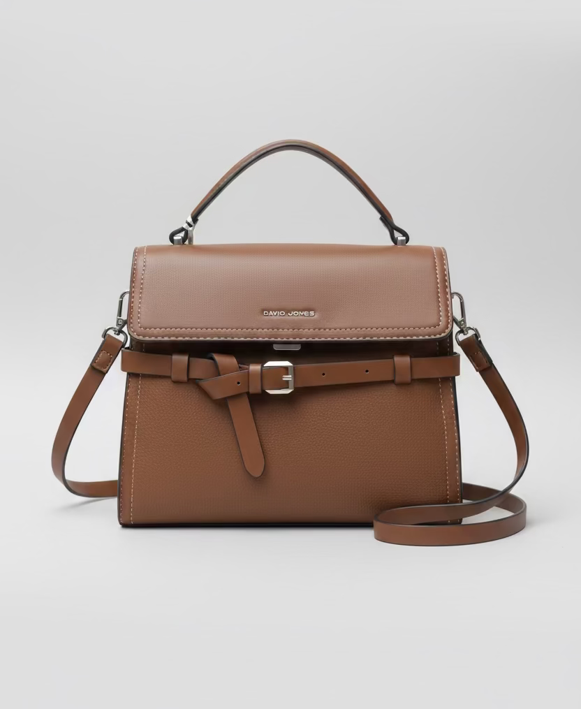 David Jones - (CM8589) Flap Over &amp; Buckle Satchel Grab Bag - Red Mud