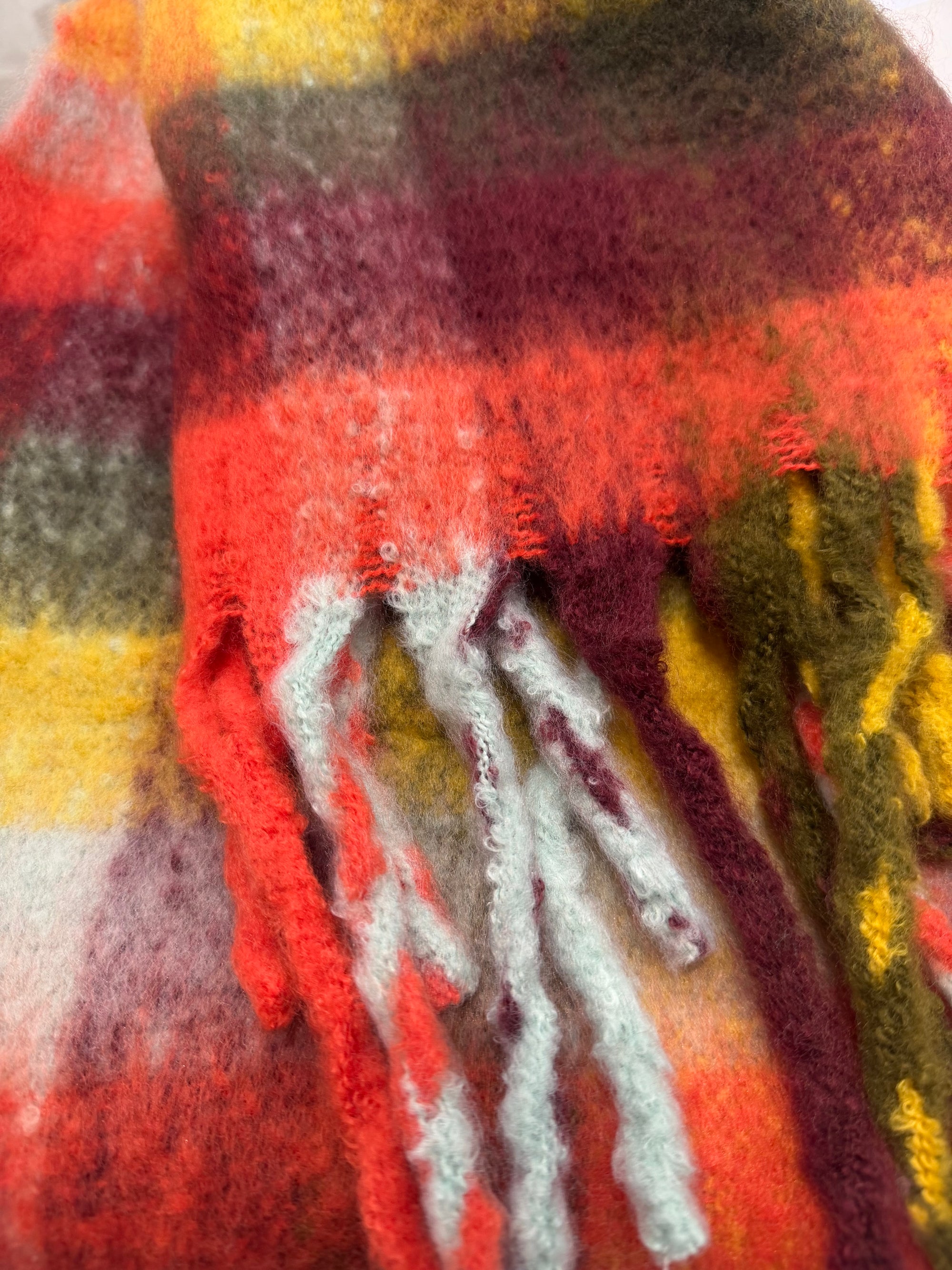 POM - Molly - Orange, Mustard &amp; Khaki Mix Check Print - Cosy Tassel Scarf