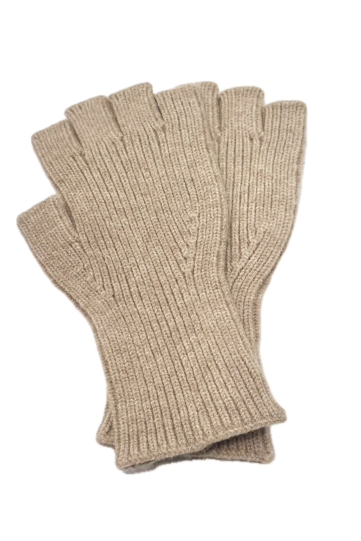 POM - Yasmin - Fine Rib Knit Plain Fingerless Gloves - Champagne Beige