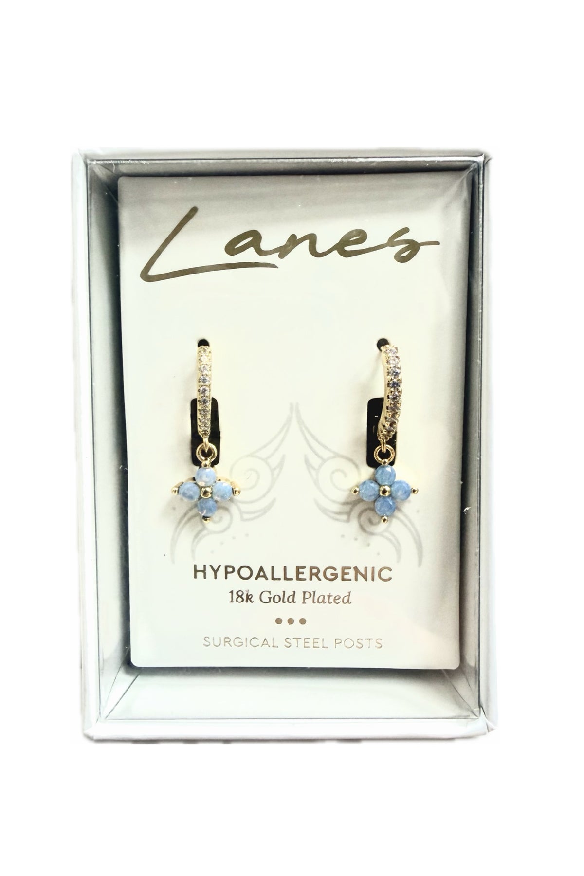 Lanes - Blue Crystal Flower Charm Gold Hoops - Boxed Earrings - Gold
