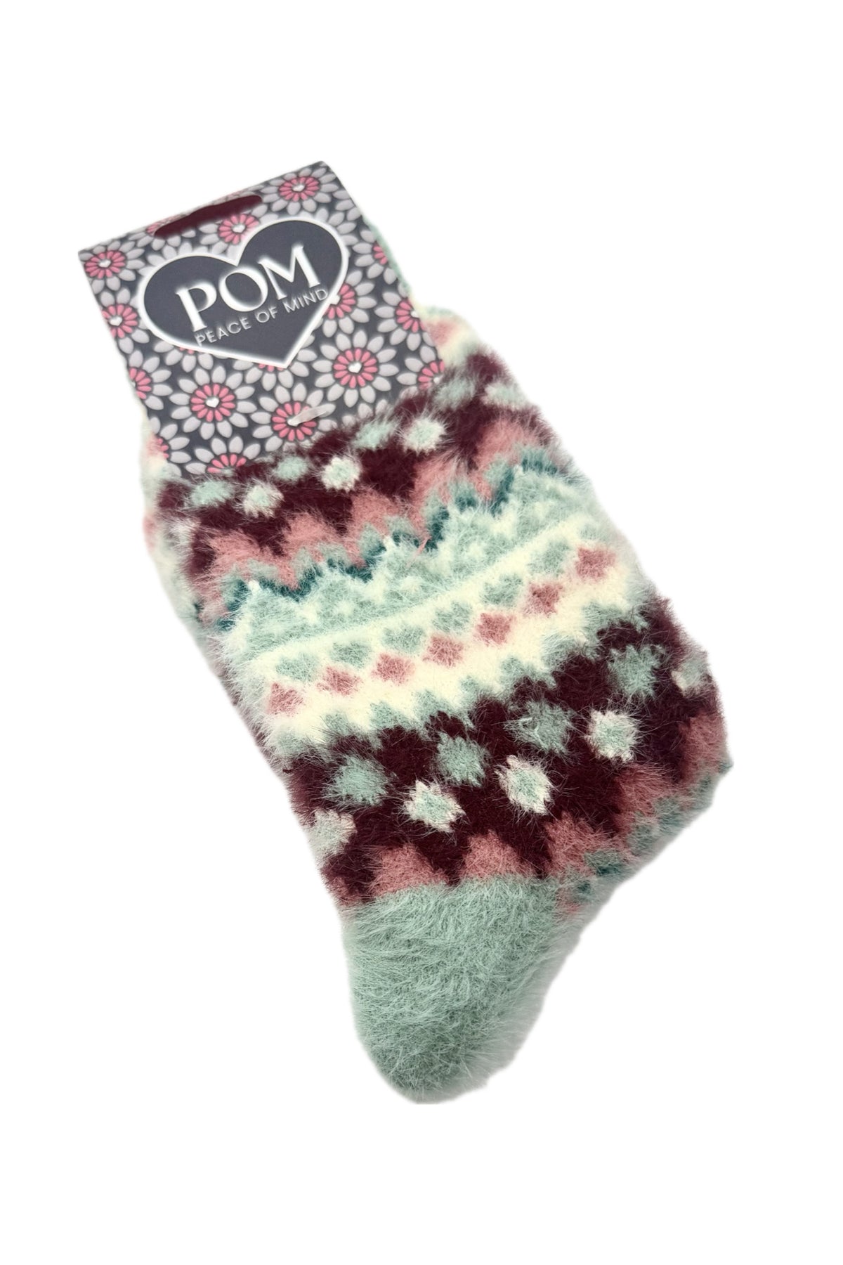 POM - Imogen - Scandi Zigzag Print - Fluffy Cosy Ladies Socks - Duck Egg &amp; Wine Mix