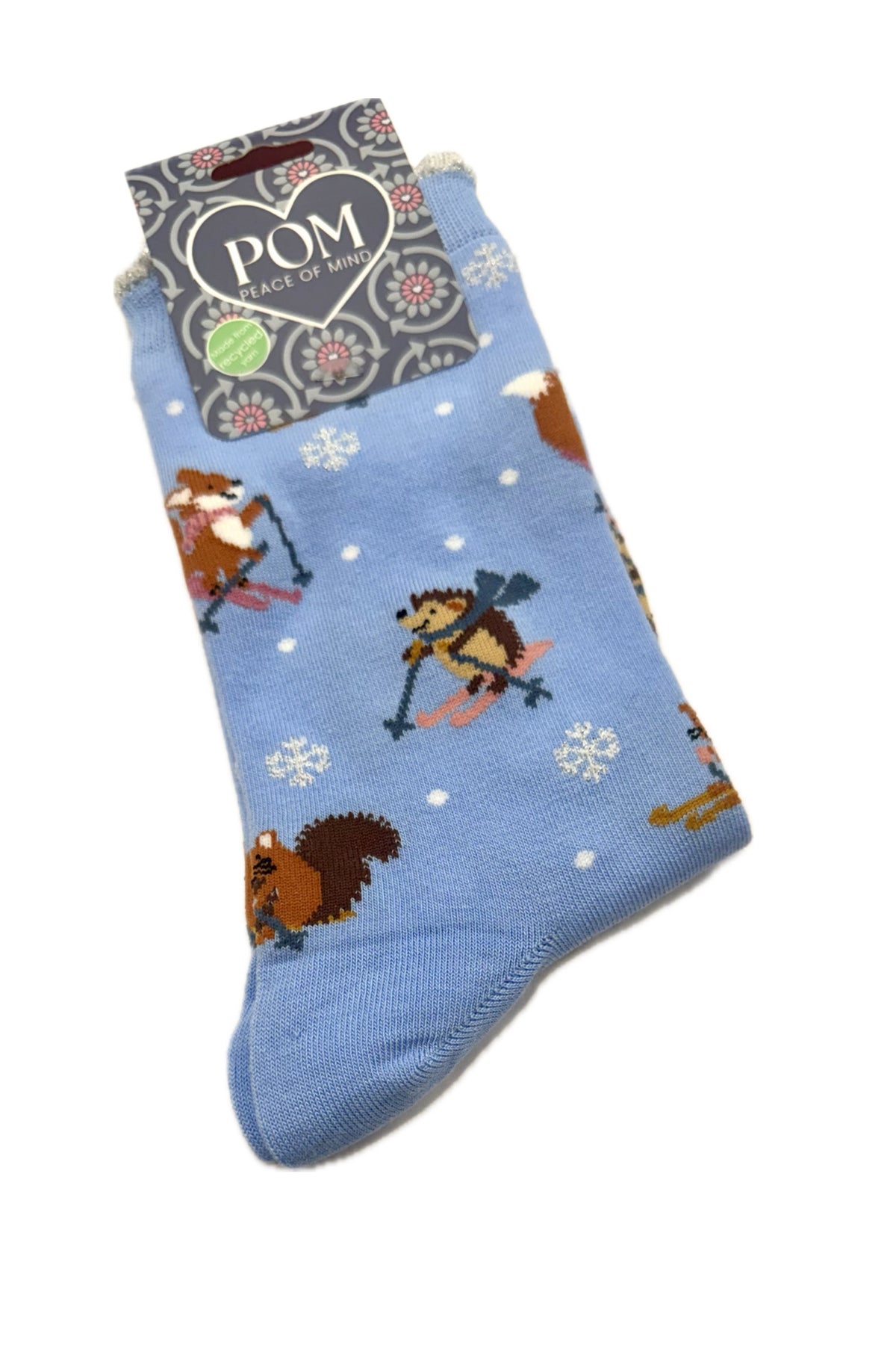 POM - Skiing Wildlife Print - Ladies Ankle Socks - Pale Blue