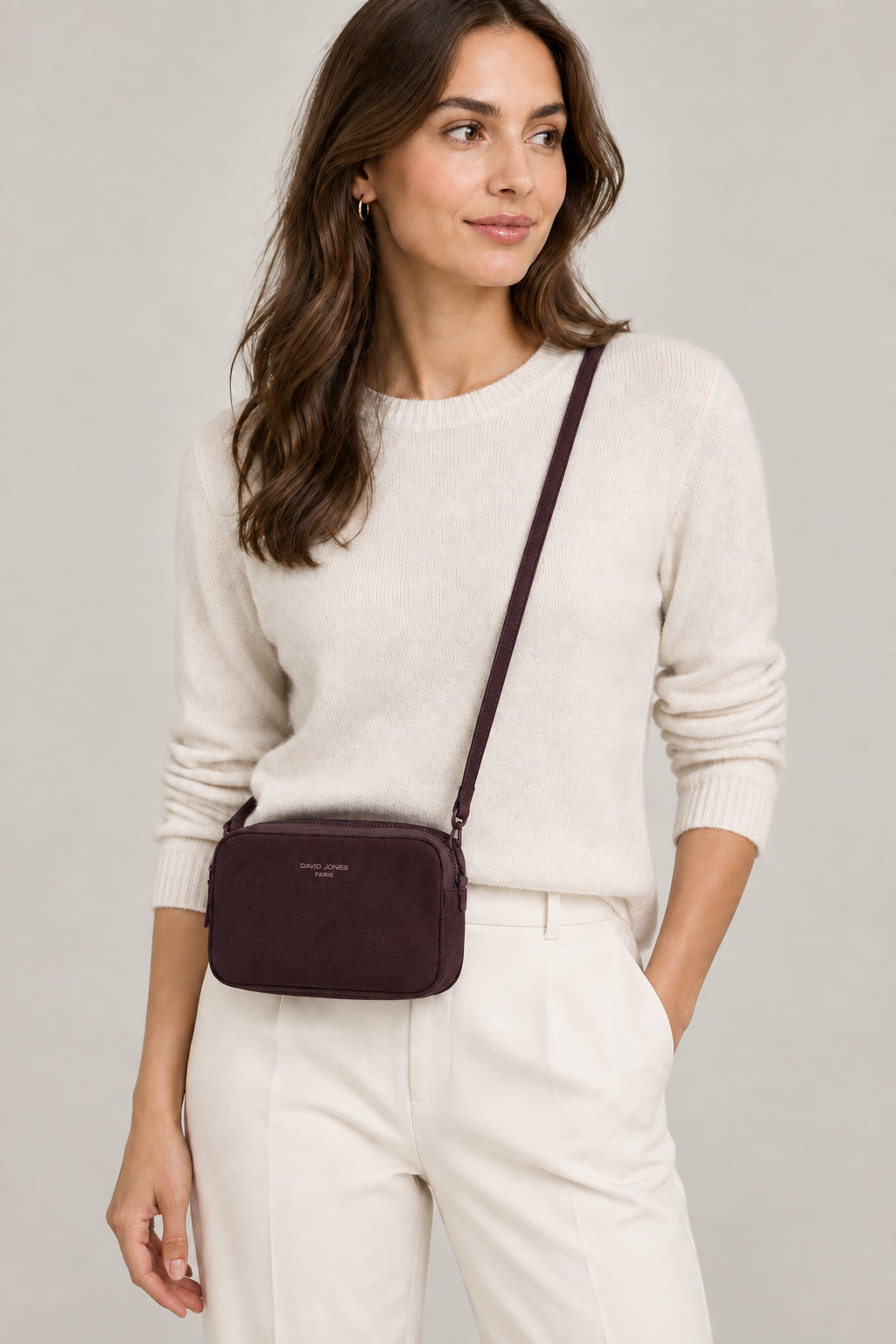 David Jones - (NVCM7335-3) Small Rectangular Double Zip Crossbody Bag - Dark Bordeaux
