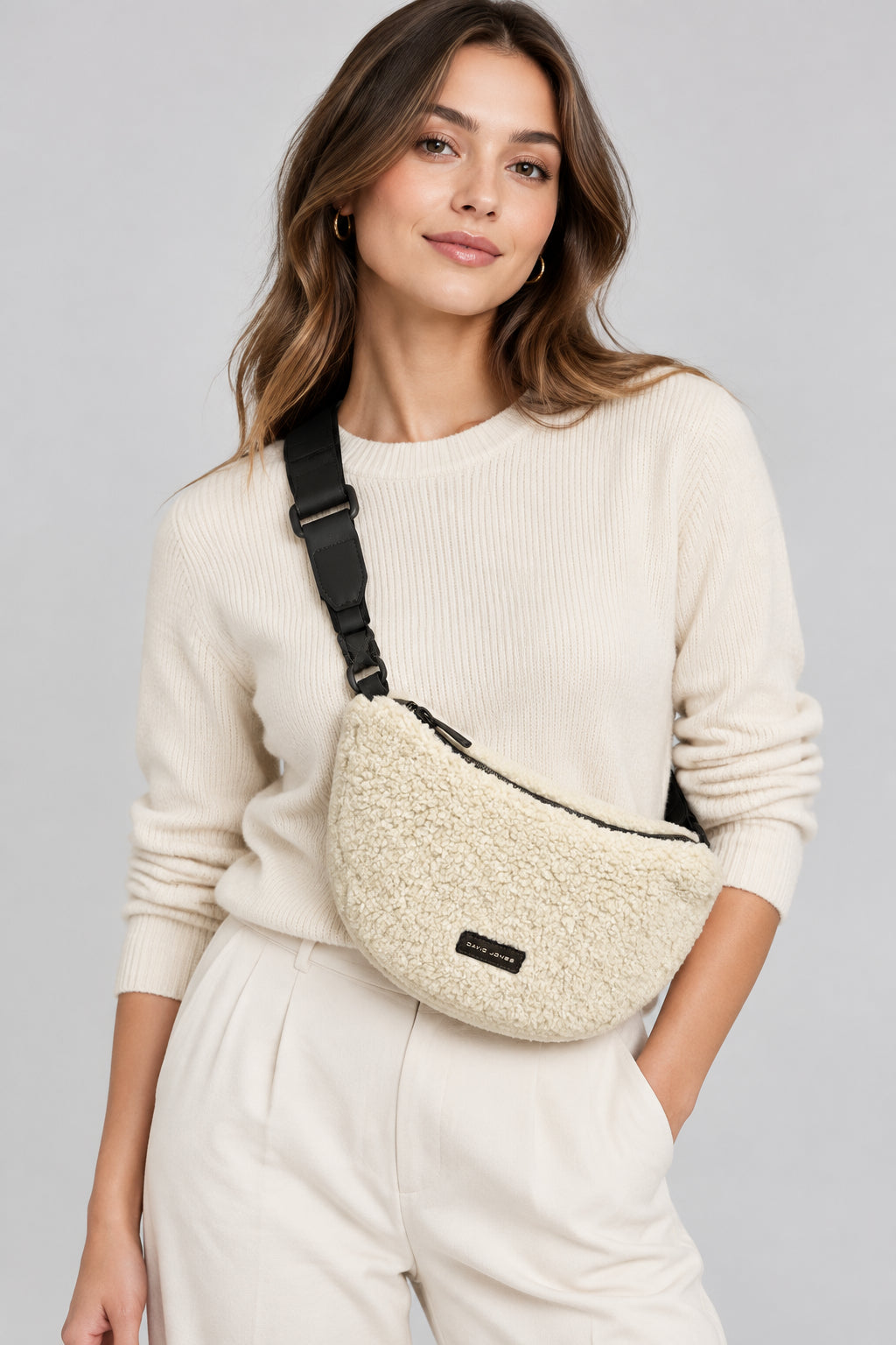 David Jones - (NVCM7774-1) Small Scoop Crossbody Bag - Teddy Fleece - Almond Milk/Brown