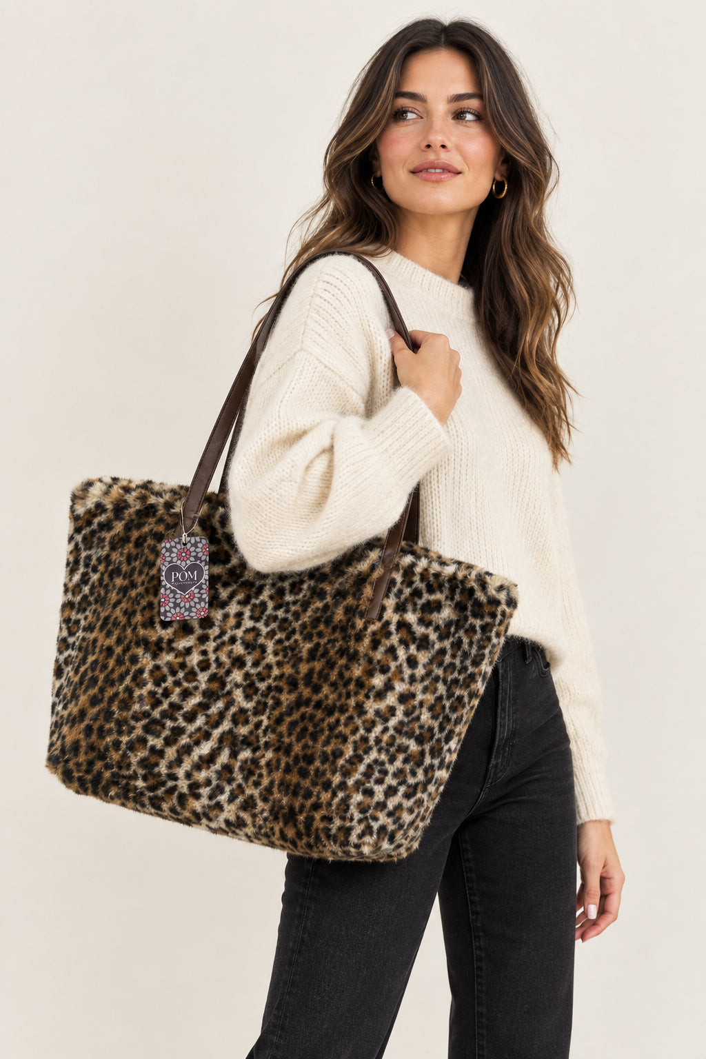 POM - Natalia - Faux Fur Large Tote Handbag - Leopard Animal Print