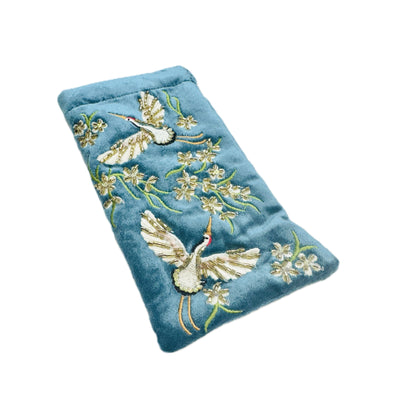 POM Mid-Blue Flying Cranes & Florals Velvet Embroidered Sunglasses Pouch