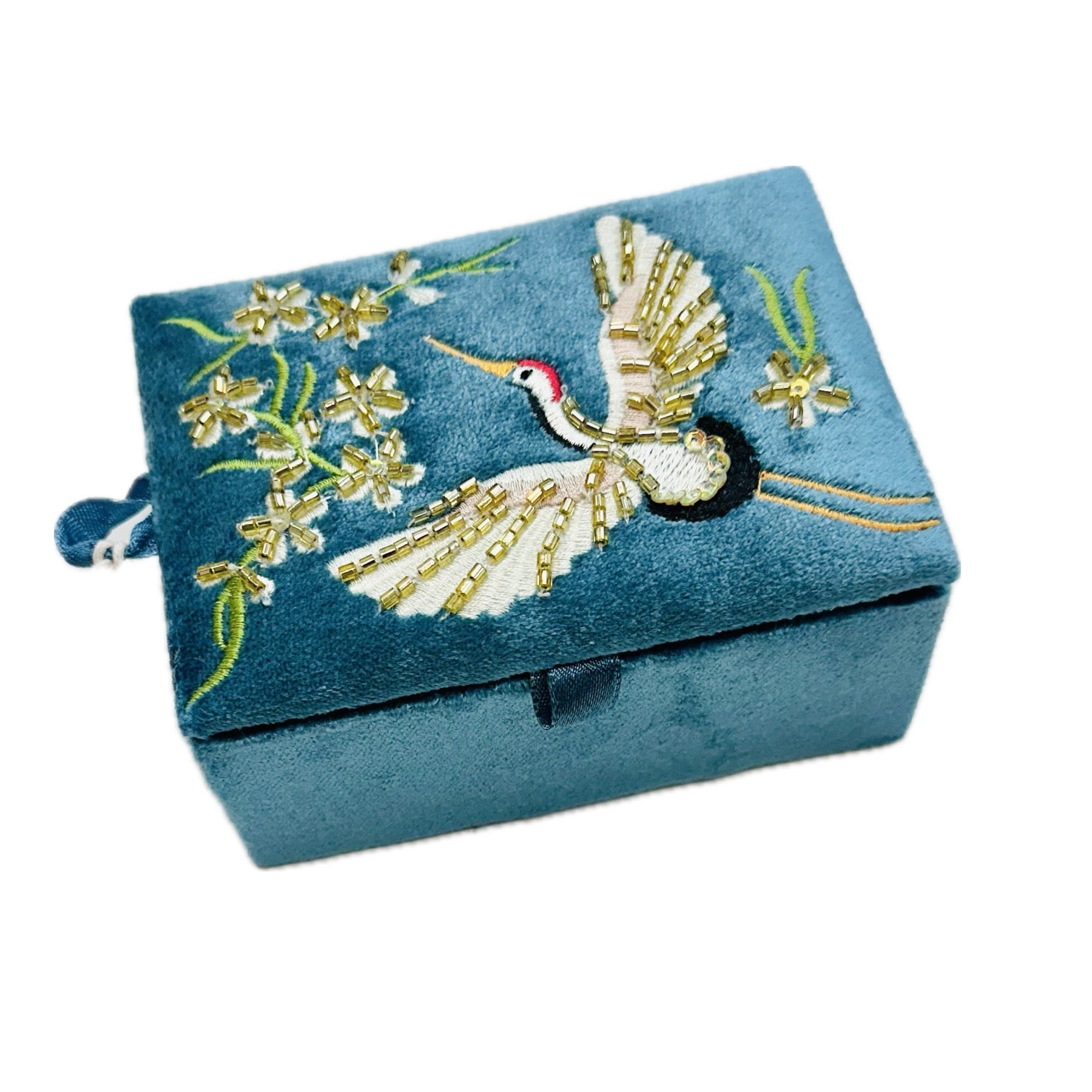 POM Mid-Blue Flying Cranes &amp; Florals Velvet Embroidered Mini Jewellery Box