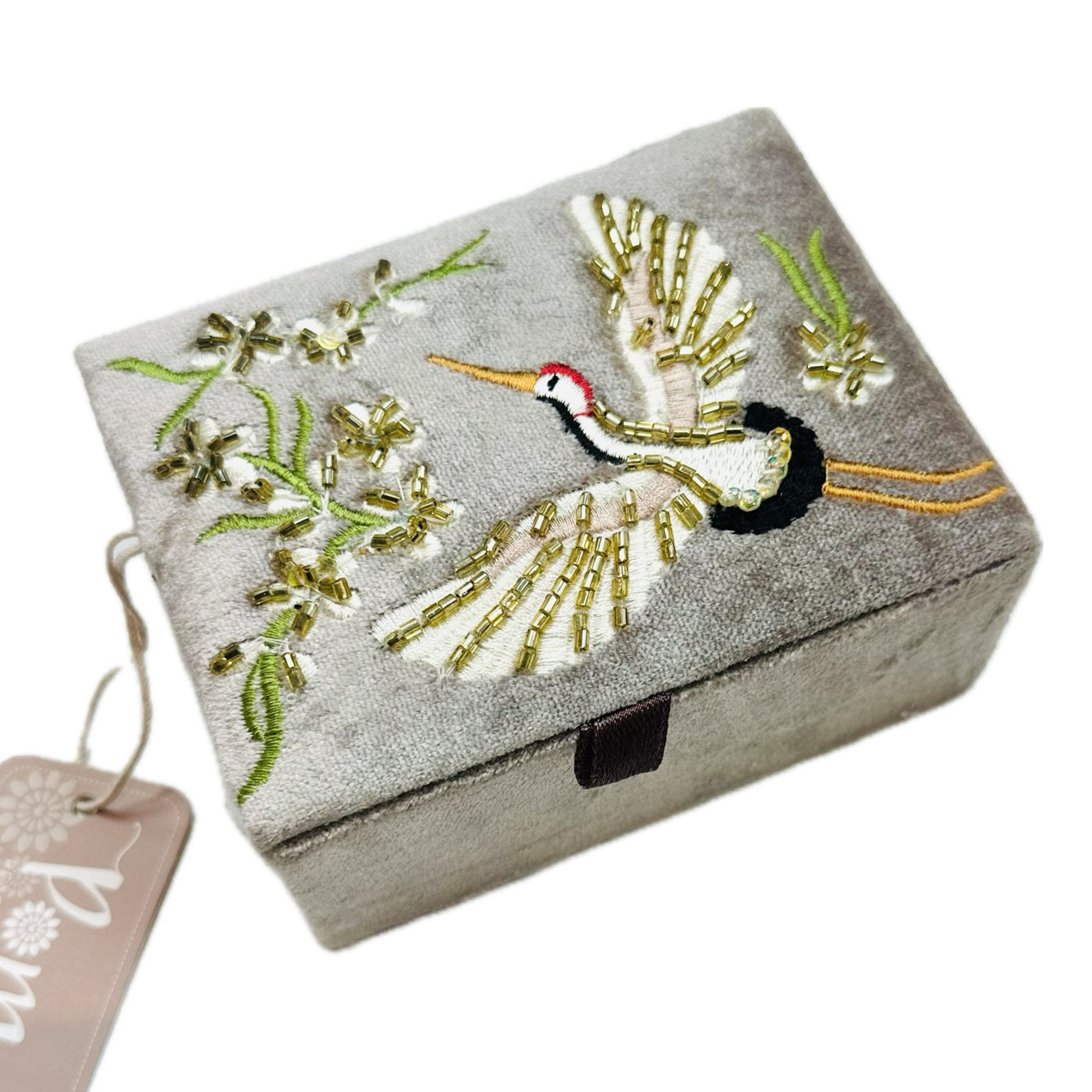 POM Mink Flying Cranes & Florals Velvet Embroidered Mini Jewellery Box