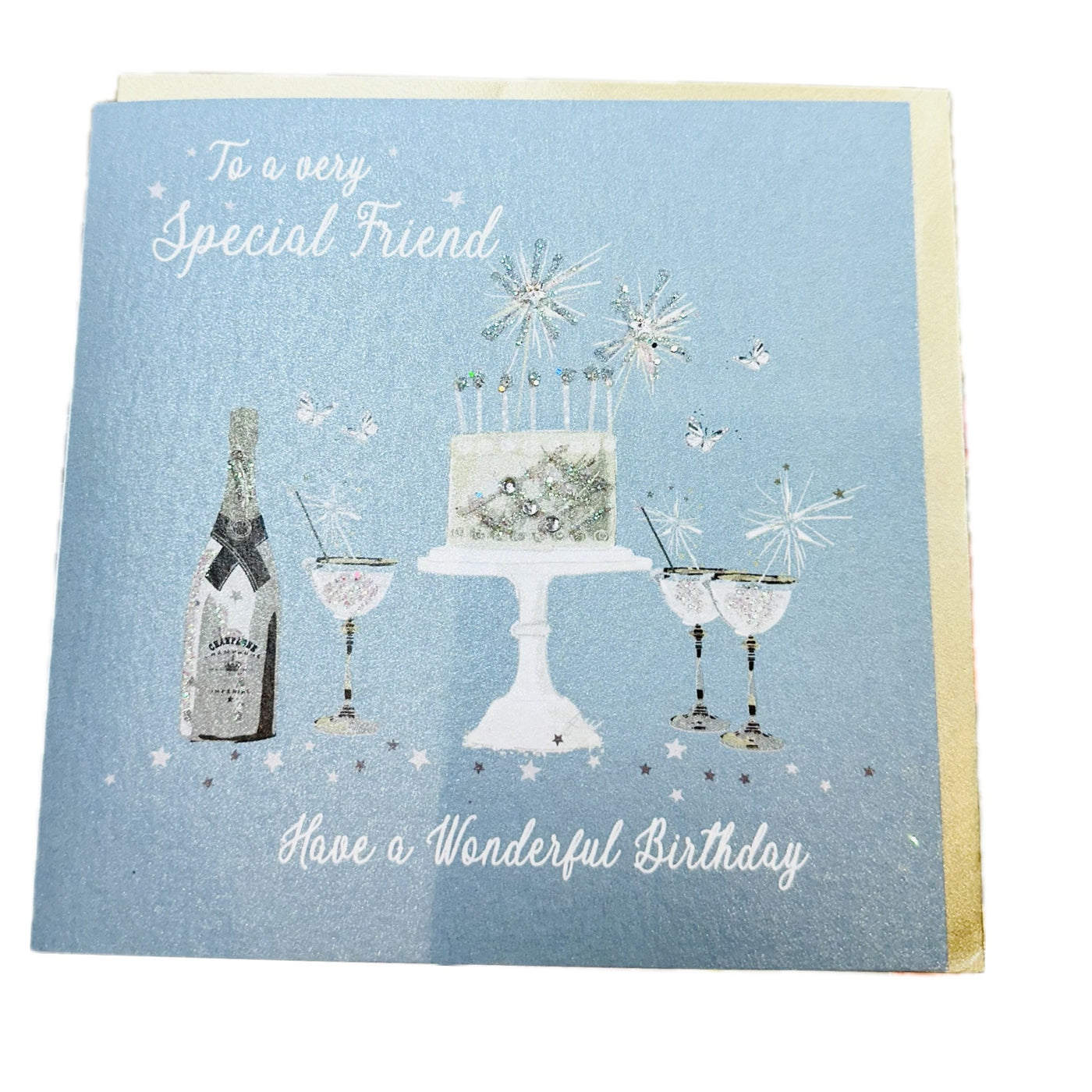 Special Friend Birthday Teal Blue Sparkly Cake & Glasses Card - White Cotton Cards