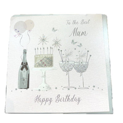 Best Mum Birthday Pink Sparkling Cake, Champagne & Balloons LARGE Card - White Cotton Cards