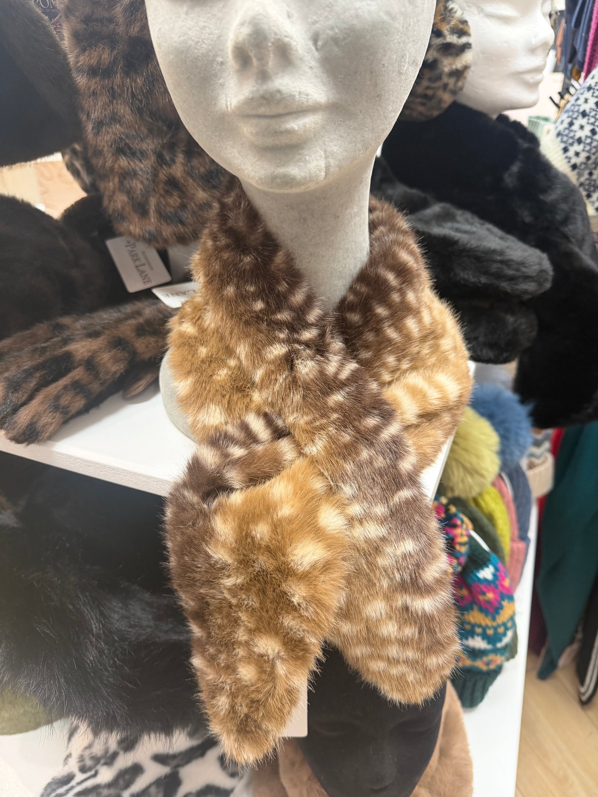 Park Lane - Satin Lined - Faux Fur Pull Through Scarf - Deer Print