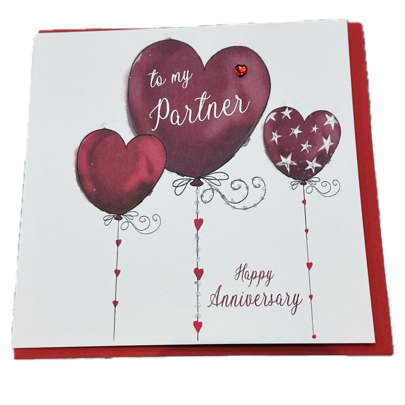 To my Partner Anniversary Red Heart Balloons Card - White Cotton Cards