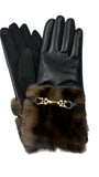 Park Lane - Faux Leather/Suede & Faux Fur Cuff with Gold Buckle Detail - Ladies Gloves- Black/Leopard Print