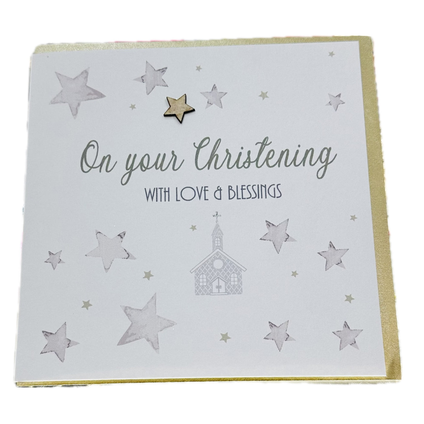 Christening Stars & Church Card - White Cotton Cards
