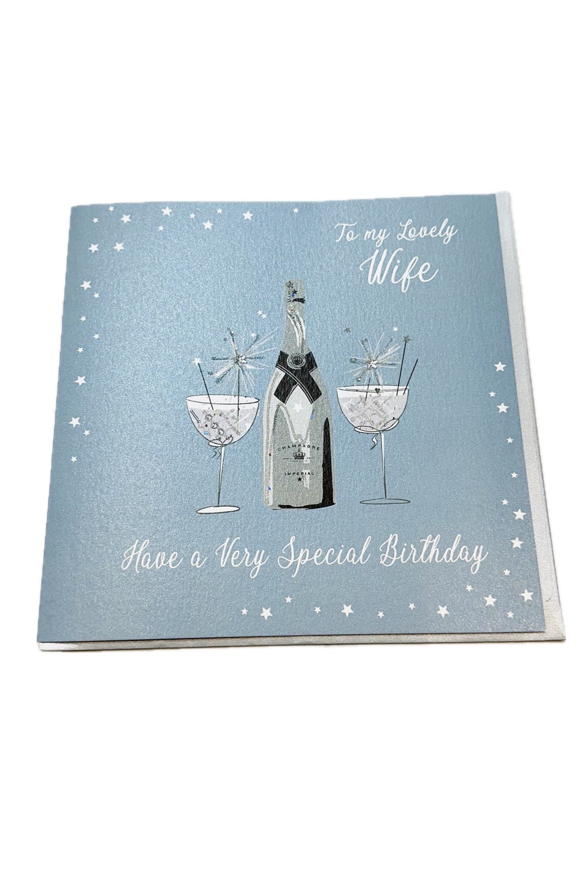 Lovely Wife Birthday Teal Sparkling Glasses & Champagne LARGE Card - White Cotton Cards