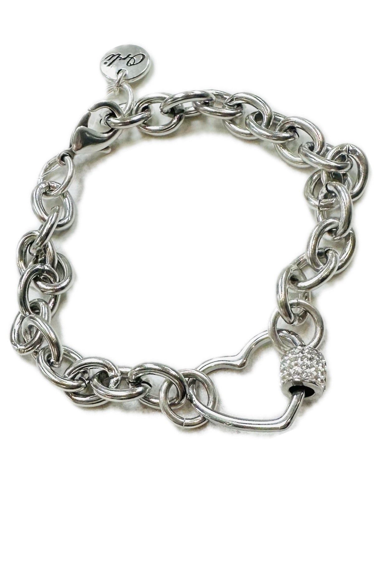 Orli Crystal Heart Lock Chunky Chain Bracelet - Silver