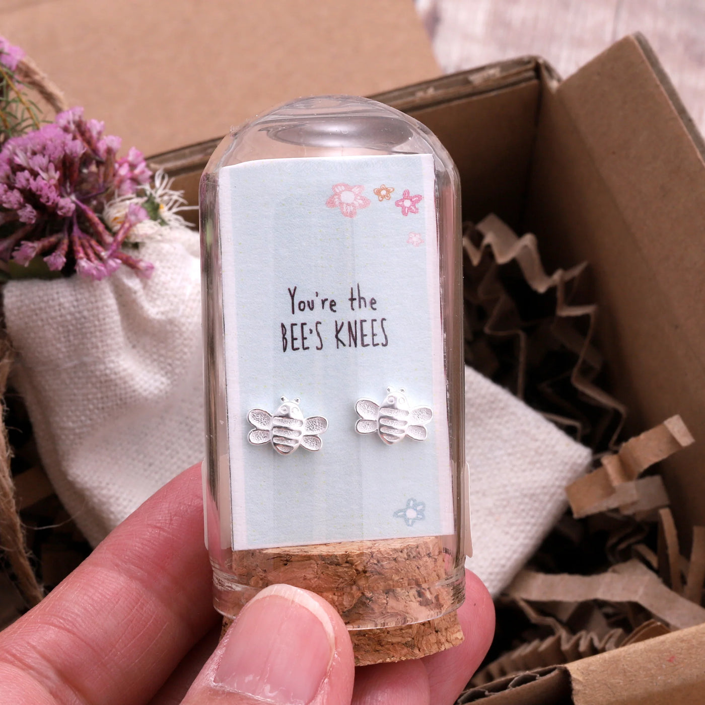 You Are The Bee's Knees -Terranium Bottle - Bee Stud Earrings- Sterling Silver