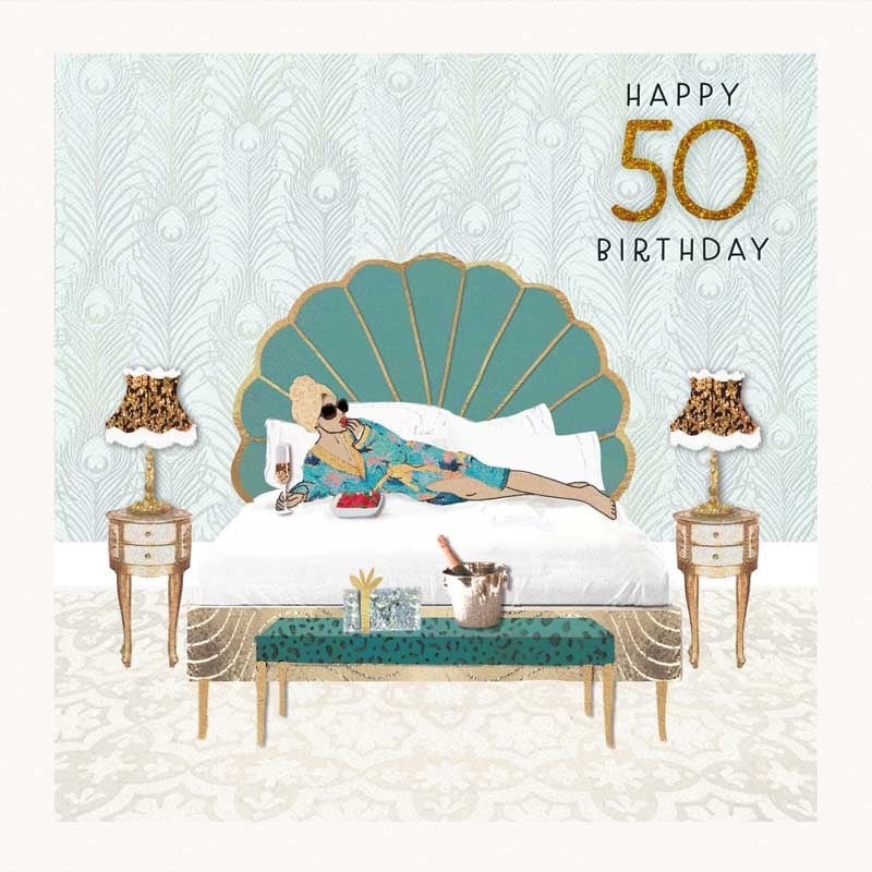 Happy 50th Birthday Lady on Bed Card - Hammond Gower