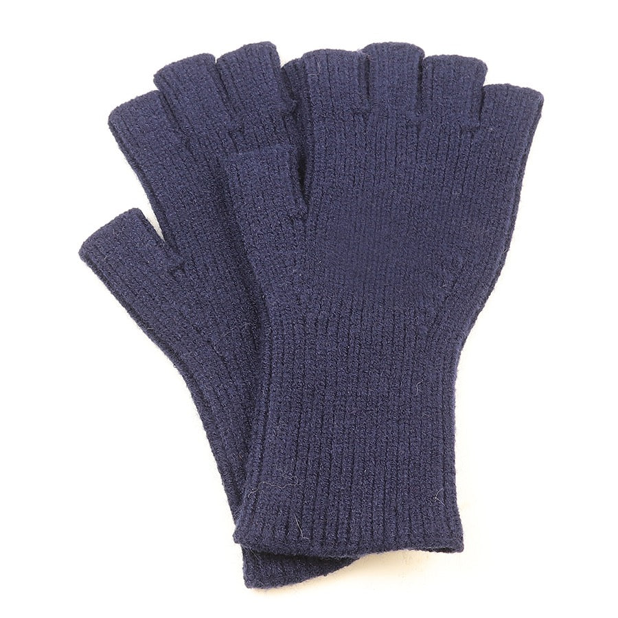 POM Fine Rib Knit Plain Fingerless Gloves - Navy Blue