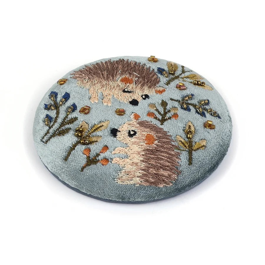 POM - Grey Velvet - Hedgehogs - Embroidered Round Compact Mirror