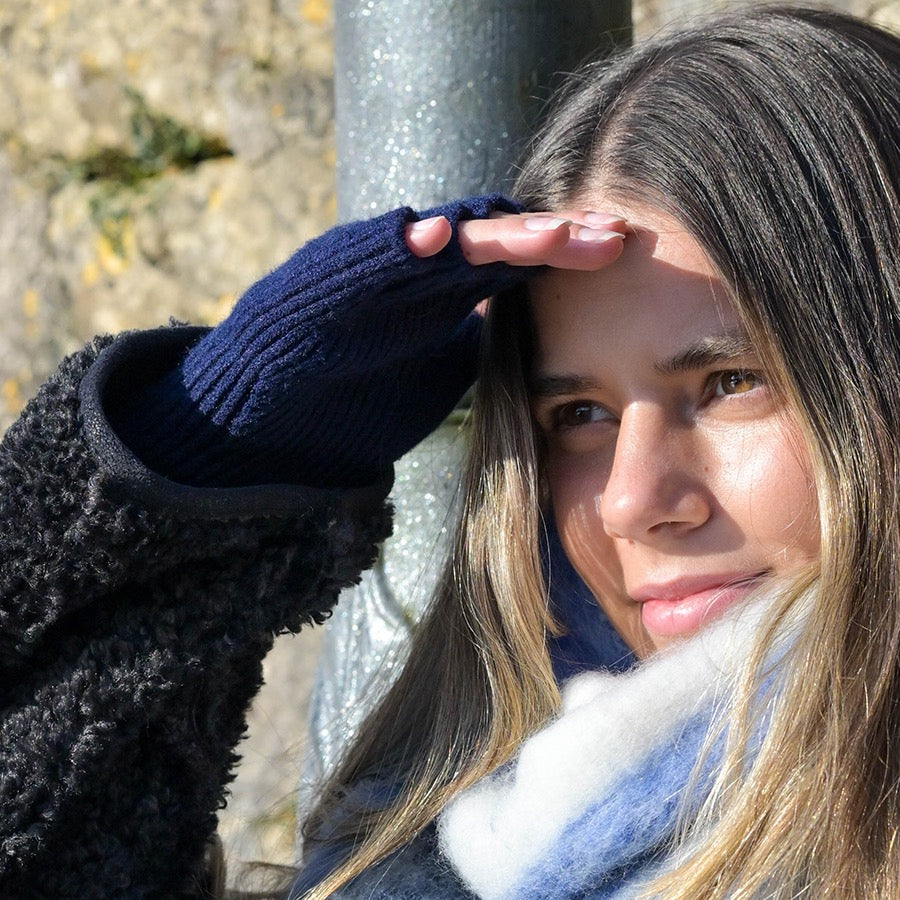 POM Fine Rib Knit Plain Fingerless Gloves - Navy Blue