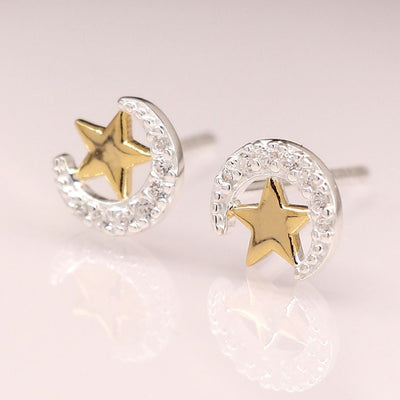 POM Sterling Silver Crystal Moon & Gold Star Stud Earrings