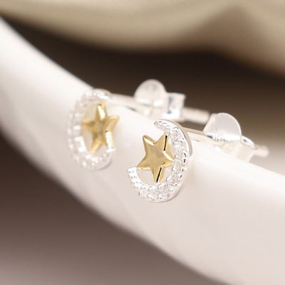 POM Sterling Silver Crystal Moon & Gold Star Stud Earrings