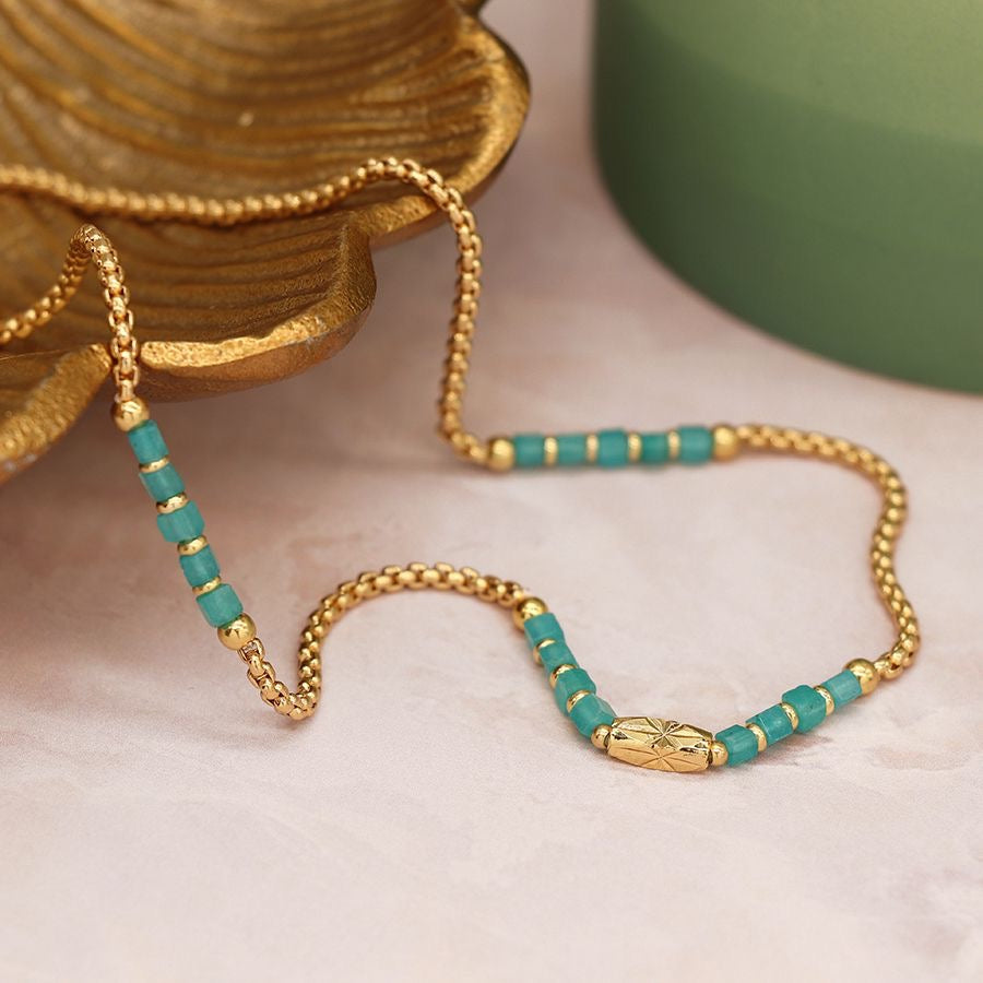 POM Turquoise Beaded & Gold Chain Necklace