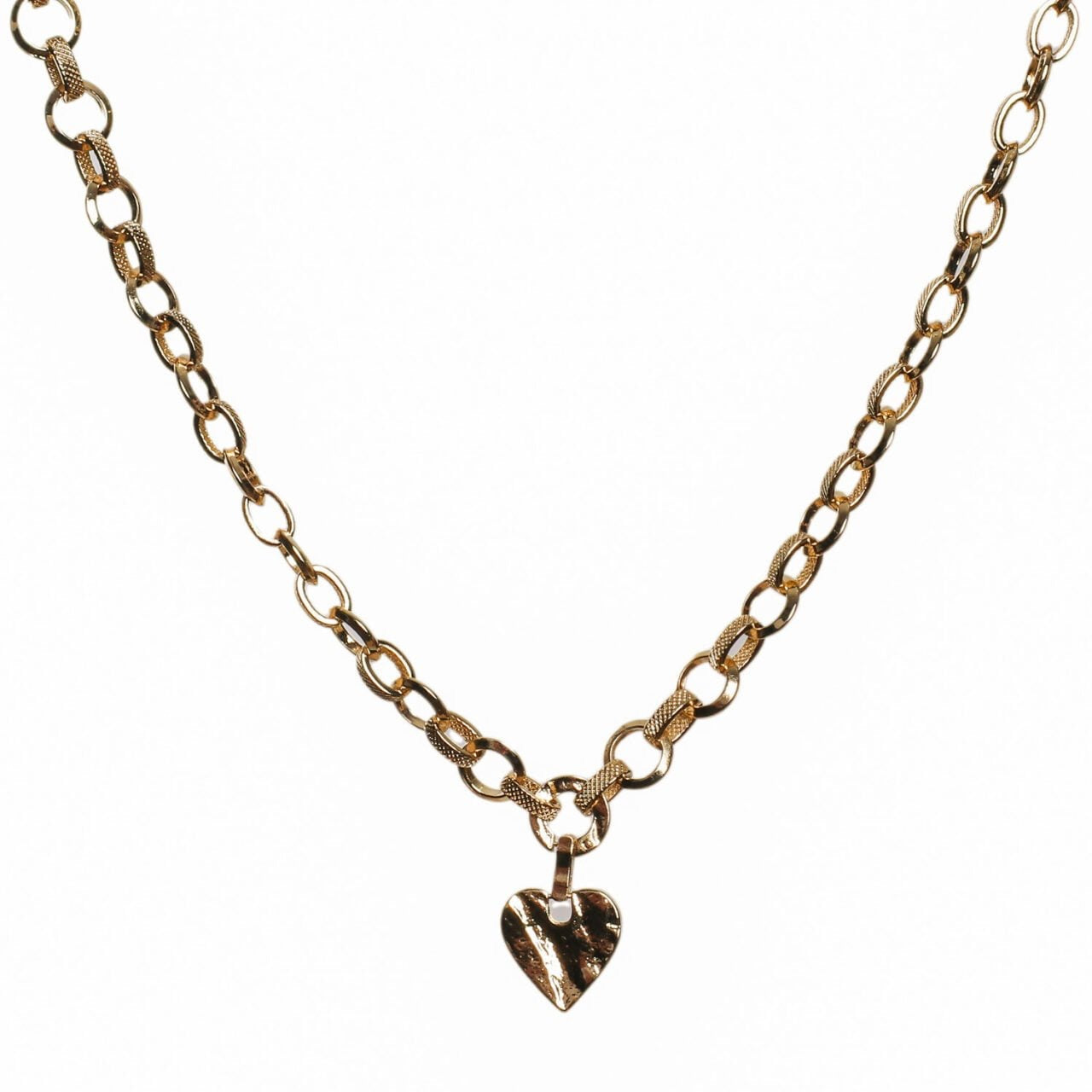 Zelly Gold Link T-Bar Necklace with Textured Heart Charm